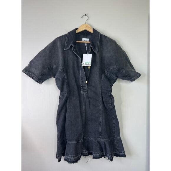 NWT Ganni Short Sleeves Collared Denim Washed Black Mini Dress Size: 10 - Picture 3 of 9